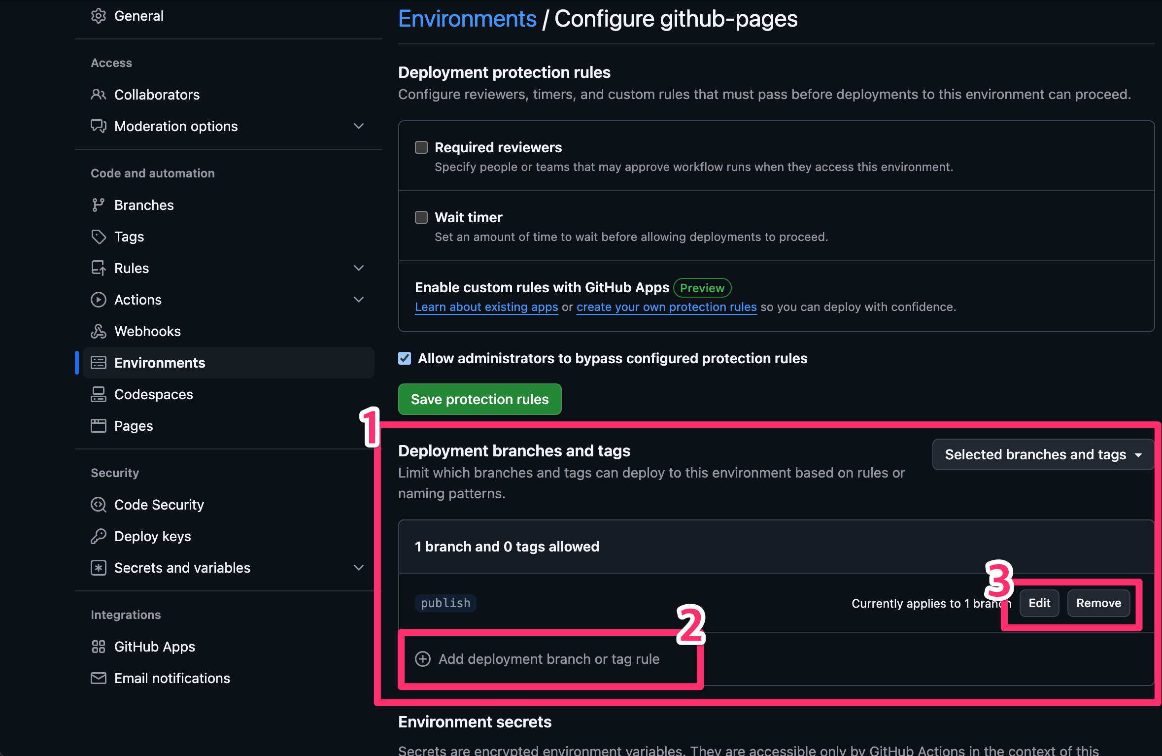 github-pages Configure 화면