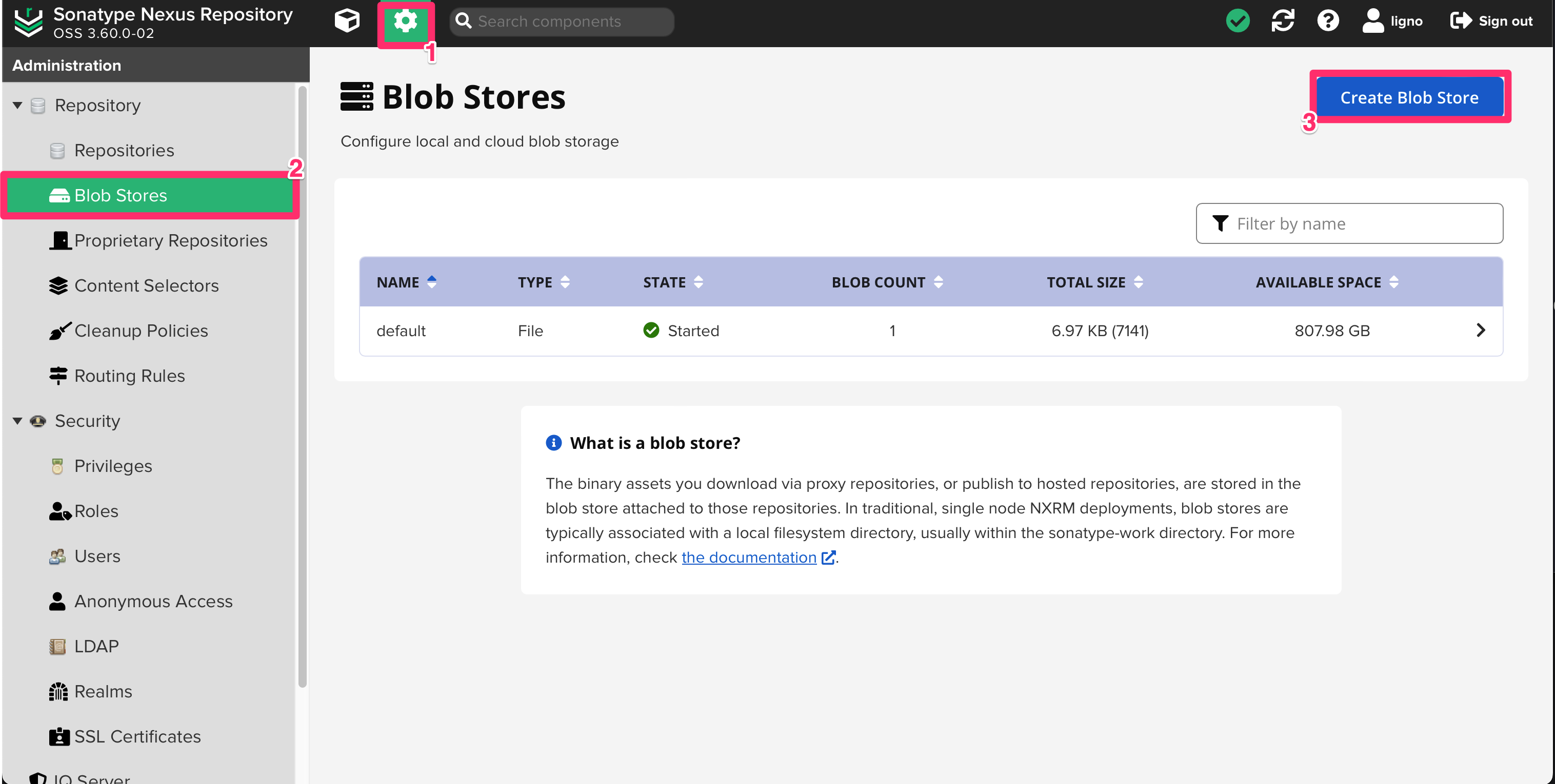 Blob Stores 메뉴로 이동